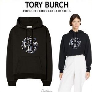 TORY BURCH FRENCH TERRY BLACK LONG SLEEVE LOGO HOODIE PULLOVER SWEATSHIRT XL